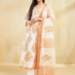 Fabindia White & Yellow Cotton Slim Fit Floral Print Kurtas With Dupatta-32