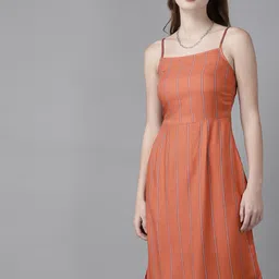 The Roadster Lifestyle Co Rust Grey Striped A-Line Dress-picture-17