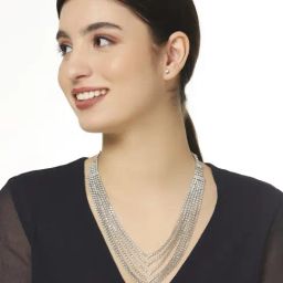 OOMPH Silver Crystal Cubic Zirconia Multi Layer Necklace Set-35