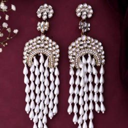 VOJ Kundan Studded White Pearl Long Drop Earrings-picture-18