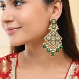 VOJ Green Stone Studded Gold Plated Square Shapped Earrings image 2