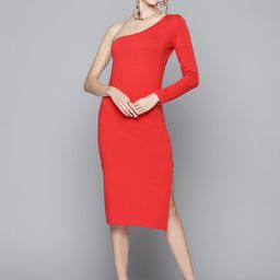 SASSAFRAS Women Red Solid One Shoulder Sheath Midi Dress-image-88