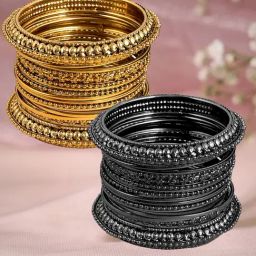 Oomph Antique Gold & Oxidized Black Bangles - Set of 32-2