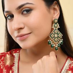 VOJ Green Stone Studded Gold Plated Square Shapped Earrings image 3