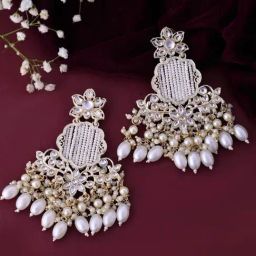 VOJ Gold Plated Kundan Studded Pearl Drop Earrings-28
