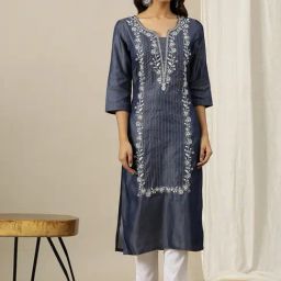 Aurelia Blue Cotton Embroidered Straight Kurta-38