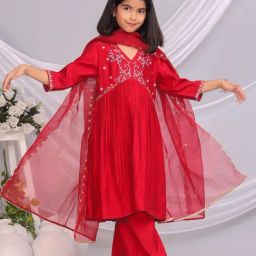 Misbis Girls Red Comfort Fit Embroidered Kurta Set-image-51