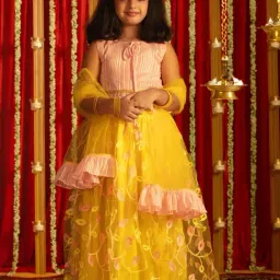 VASTRAMAY Girls Pink & Yellow Embroidery Lehenga Cholis-picture-46
