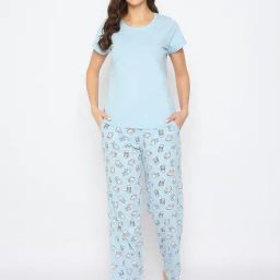 Clovia Blue Plain Shirt and Pyjama Set-image-19