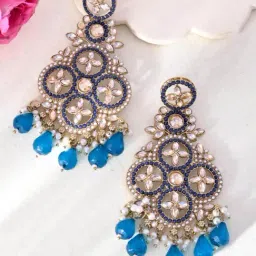 VOJ Blue Stone Studded Gold Plated Crescent Shapped Earrings-image-84