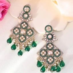 VOJ Green Stone Studded Gold Plated Square Shapped Earrings-17