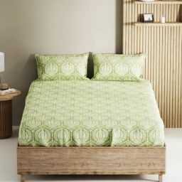 Bianca Palladium Sage Cotton Geometric 144 TC King Flat Bedsheet with 2 Pillow Covers-24