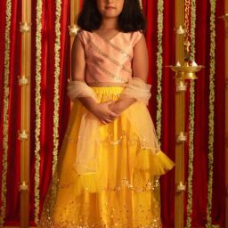 VASTRAMAY Girls Pink & Yellow Embroidery Lehenga Cholis-image-101