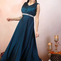 Stylum Gown Women Sleeveless Solid Party Wear Satin Gown Dresses-image-1
