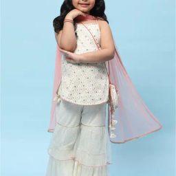BIBA Girls Cream & Peach Embroidered Kurta, Gharara, Dupatta with Potli Bag-image-9