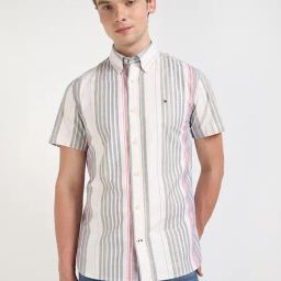 Tommy Hilfiger White Cotton Regular Fit Striped Shirt-image-47