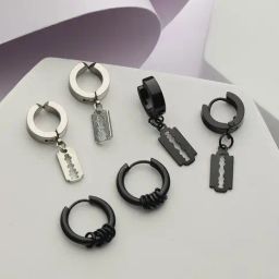 Bold by Priyaasi Black & Silver Blade Ring Hoop Earrings for Men - Set of 3-image-61