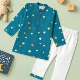 Desi Soota Kids Teal Cotton Printed Kurta Pants Set-picture-13