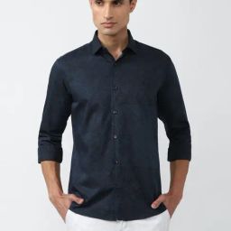 V Dot Navy Cotton Slim Fit Printed Shirt-image-93