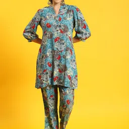 Shree Floral Printed Mandarin Collar Neck Top With Trousers-image-49