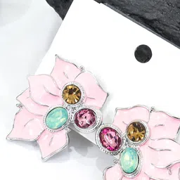 KRENOZ Silver-Plated Stainless Steel Rhinestone Resin Flower Elegant Acrylic Petal Studs-image-18