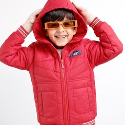 Babyhug Woven Full Sleeves Jacket With Hood & Car Applique - Red-picture-11