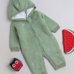 Yellow Apple Winter Wear Hooded Full Sleeves Romper with Stars Glitter Print - Green-image-33
