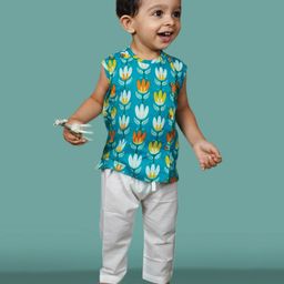 Polka Tots Sleeveless Lotus Motif Printed Kurta & Pyjama Pant Set - Blue & White-image-85