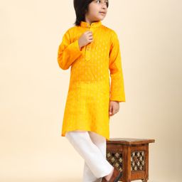 P-MARK Full Sleeves Ethnic Motif Foil Designed Kurta Pyjama Set - Yellow-image-39