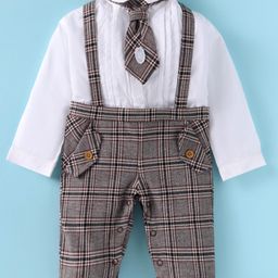 ToffyHouse Cotton Woven Full Sleeves Checkered Collared Party Romper with Tie - Grey & White-image-87