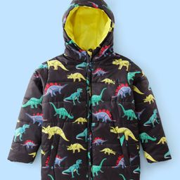 Pine Kids Woven Full Sleeves Front Open Padded Hooded Jacket with Dino Print & Pockets - Black-image-87