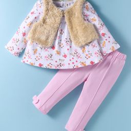 ToffyHouse Interlock Knit Full Sleeves Top & Lounge Pant Set With Floral Print & Fur Shrug - Pink & White-picture-10