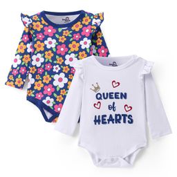 Doodle Poodle 100% Cotton Knit Full Sleeves Onesie Floral & Text Print Pack Of 2 - White & Navy Blue-image-18