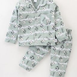 Teddy Sinker Knit Full Sleeves Front Open Night Suit With Footballs Print - Grey-image-77
