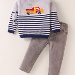 ToffyHouse Knit Full Sleeves Winter Wear T-Shirt & Lounge Pant Set With Vehicle Print - Light Grey-image-63