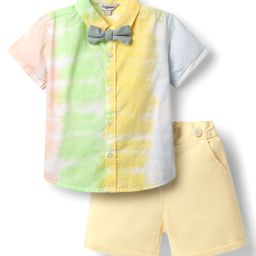 ToffyHouse Poplin Woven Half Sleeves Ombre Shirt & Shorts Set with Suspenders & Bow - Khaki Yellow & Green-image-60
