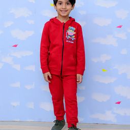 The Mom Store Cotton Full Sleeves Bear Printed Hooded Zipper Jacket With Joggers Set - Maroon-picture-3