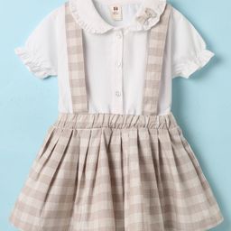 ToffyHouse Cotton Woven Half Puffed Sleeves Checkerd Frock with Bow Applique - Beige & White-image-45