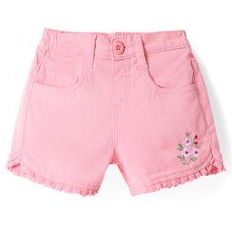 Babyhug Twill Woven Mid Thigh Shorts With Stretch Floral Embroidery & Frill Detailing - Pink-image-90