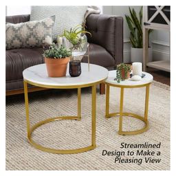 RIZIK STORE Metal Base Handmade Round Coffee/Nesting/Side/Center Table with Marble Finish Wooden White Top for Living Room/Drawing Room/Balcony Gold (Gold & White)-image-95