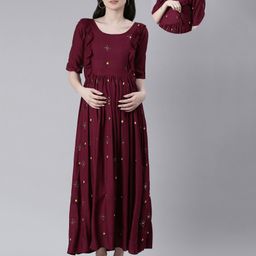 Swishchick Cotton Half Sleeves Floral Embroidered & Sequins Embellished Maternity Dress With Zipper Nursing Access - Wine-picture-13