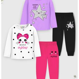 Trampoline Pack Of 2 Full Sleeves Star & Cat Printed Tees & Pajamas Set - Multi Colour-image-45