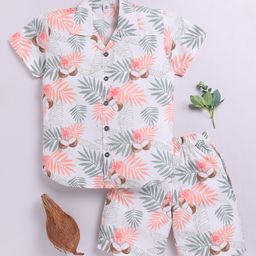 Clt.s Cotton Woven Half Sleeves Floral & Leaves Printed Coordinating Night Suit Set - Multi Colour-image-28