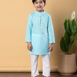 READIPRINT Cotton Full Sleeves Placket Floral Foil Printed Kurta Pyjama Set - Blue-image-99