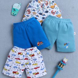 BUMZEE Cotton Knit Above Knee Length Dinosaur & Vehicle Printed Shorts Pack of 4 - White Blue & Teal Blue-image-81