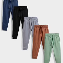 Orange Sugar 100% Cotton Knit Pack Of 5 Solid Joggers - Multi Colour-image-10
