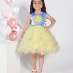 Ministitch Net Woven Sleeveless Floral Applique Beads Embellished Dress - Yellow-picture-5
