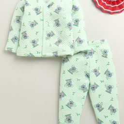 Bumzee Knit Full Sleeves Winter Wear Front Open T-Shirt & Lounge Pant Co-Ord Set With Koala Print - Light Green-picture-45