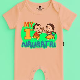 The Peppy Tend 100% Cotton Knit Navratri Theme Half Sleeves My 1st Navratri Text Printed Romper - Peach-picture-28