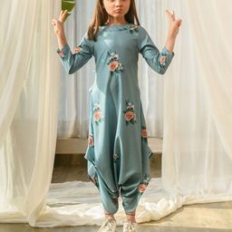 Pasha Girls Printed Dusty Teal Dhoti Jumpsuit-image-4